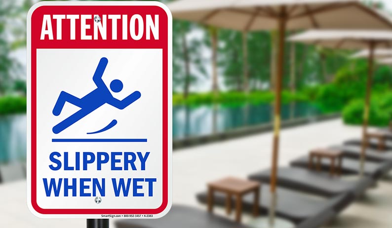 Slippery pool deck sign